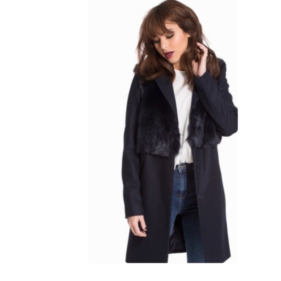 Topshop Jackets & Blazers - Topshop navy faux fur wool long button up coat